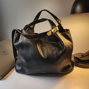 Furla Black Pebbled Leather Tote with Gold-Tone Accents